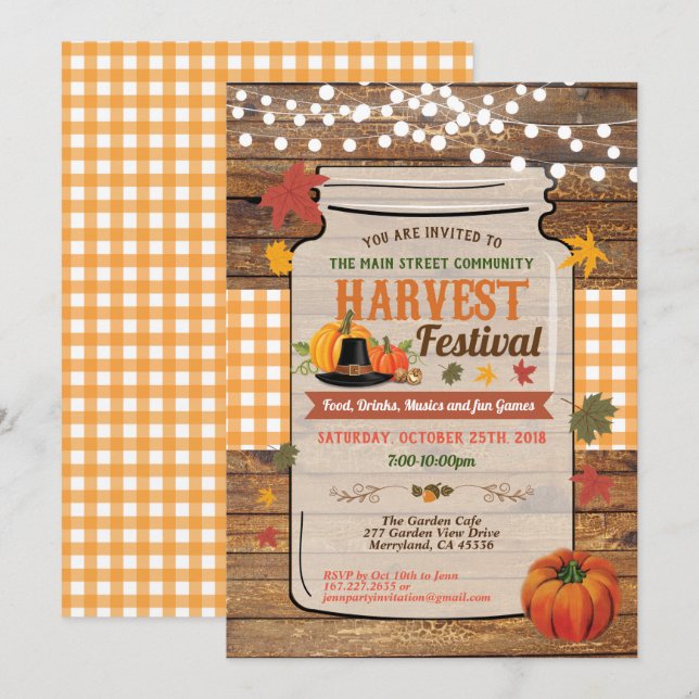 Harvest festival rustic wood mason jar party invitation (Front/Back)