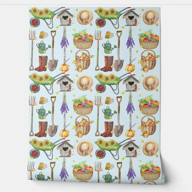 Harvest Gardening Tools Fruit And Flowers Wallpaper (Unrolling)