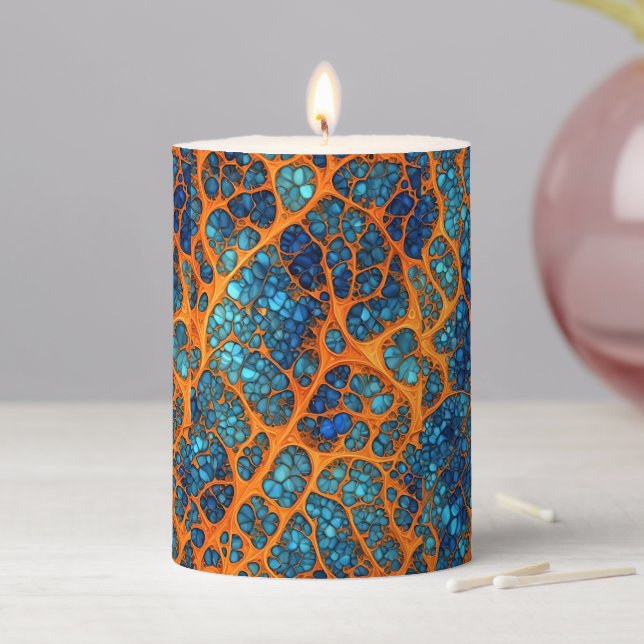 Harvest Gold and Blue Fractals Pillar Candle (In Situ)