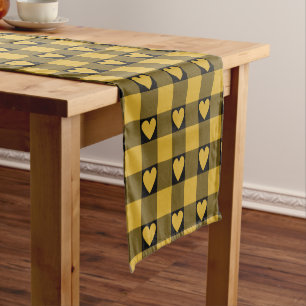 Harvest Gold Black Buffalo Heart Plaid  Short Table Runner