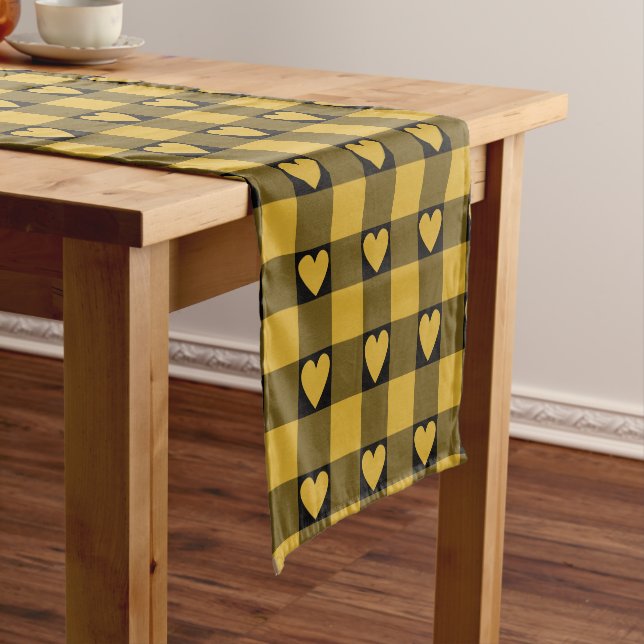 Harvest Gold Black Buffalo Heart Plaid  Short Table Runner (In Situ)