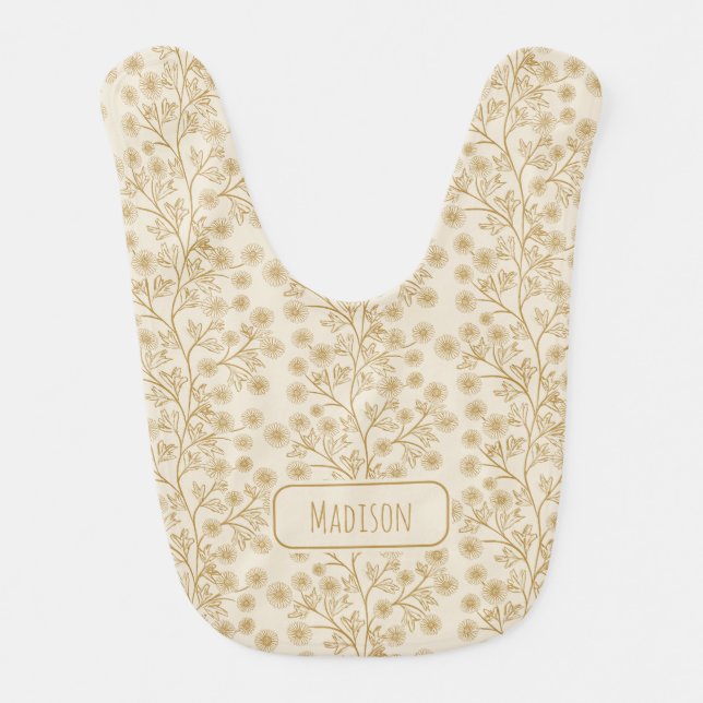 Harvest Gold Floral Custom Name Cream  Baby Bib (Front)