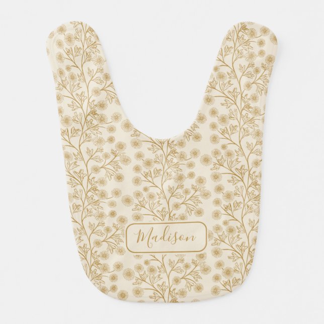 Harvest Gold Floral Custom Name Cream  Baby Bib (Front)