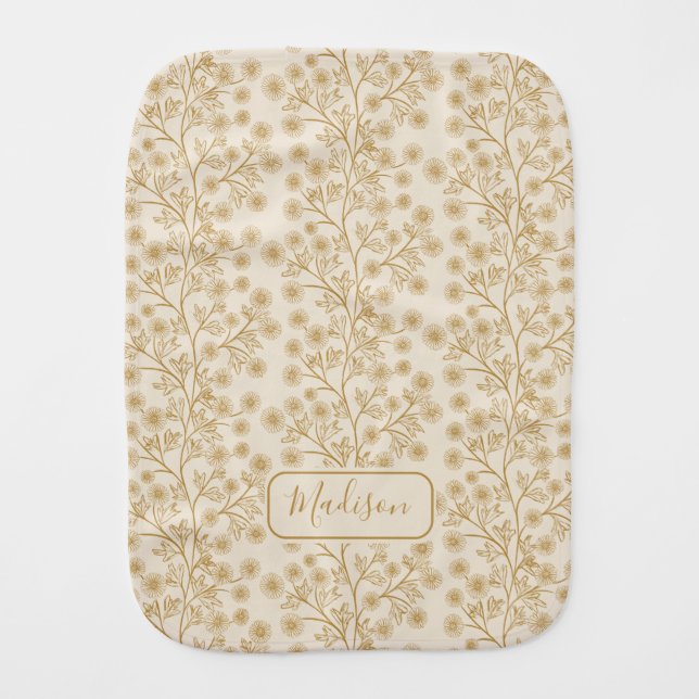 Harvest Gold Floral Custom Name Cream  Baby Burp Cloth (Front)