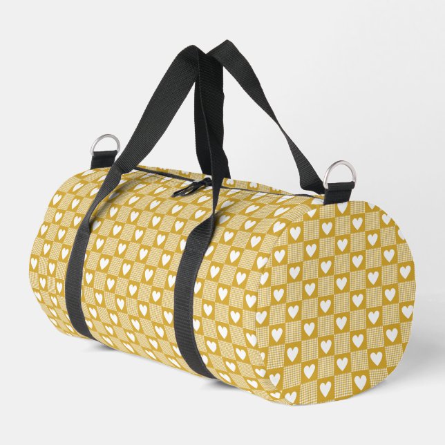 Harvest Gold Gingham Heart Patch Plaid Duffle Bag (Left Corner)