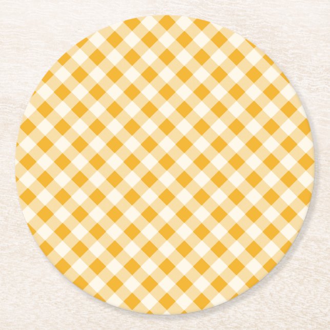 Harvest Gold Gingham Round Paper Coaster (Front)