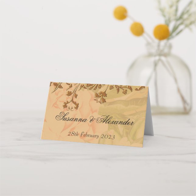 Harvest Gold Peonies and Gold Scrolls Boho Wedding Place Card (Front)
