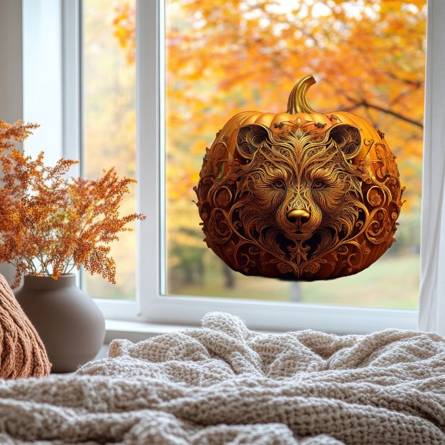 Harvest Guardian Bear Ornate Autumn Pumpkin Art Window Cling (Halloween Thanksgiving pumpkin bear carving autumn fall window cling cozy autumn aesthetic autumnal)
