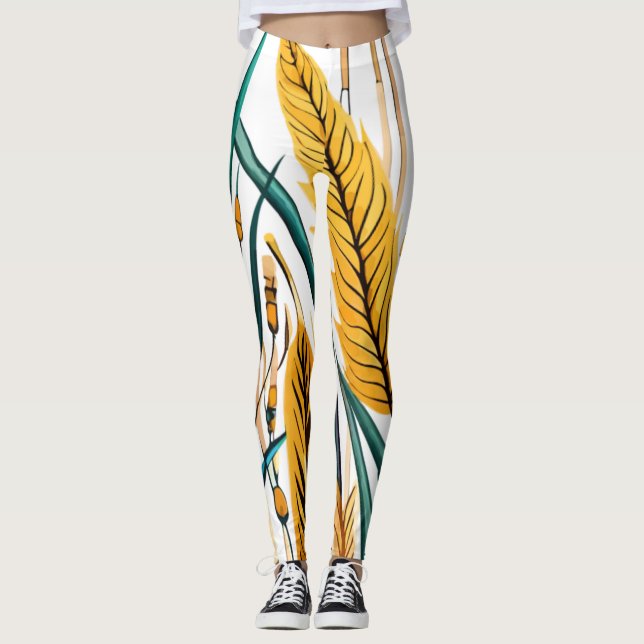 Harvest Harmony: A Wheat Pattern on a White Canvas Leggings (Front)