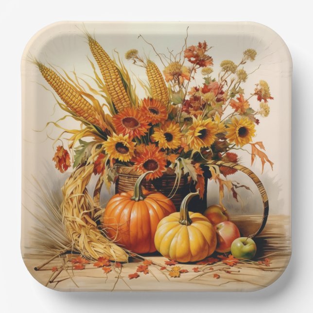 Harvest Medley: Foliage and Florals Paper Plates (Front)