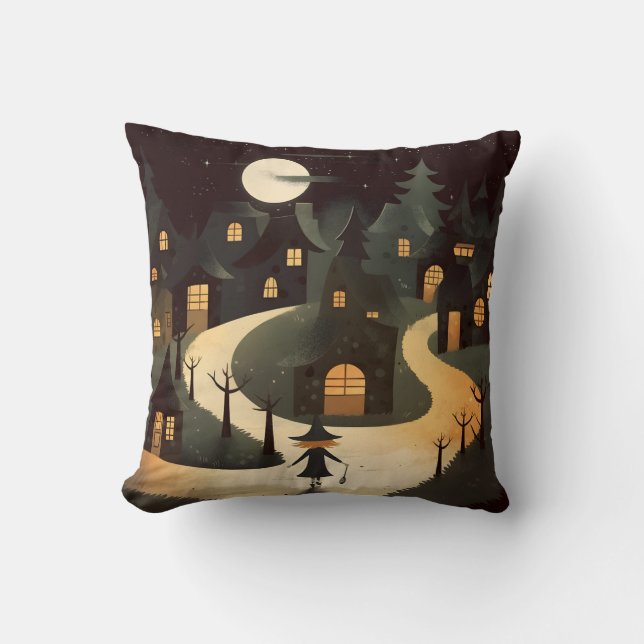 Harvest Moon Magic: Whimsical Witch Throw Pillow (Front)