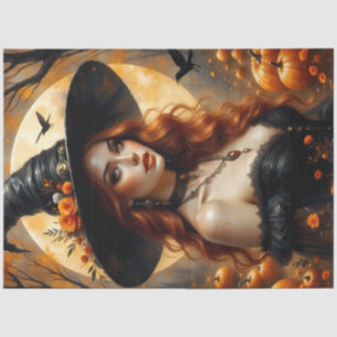 Harvest Moon Witch with Pumpkins and Autumn Roses Tissue Paper
