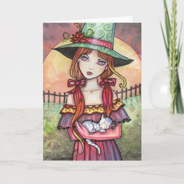 Harvest Moonrise Witch and Cat Card (Front)