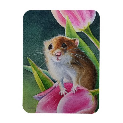 Harvest Mouse On Pink Tulip Spring Watercolor Art  Magnet