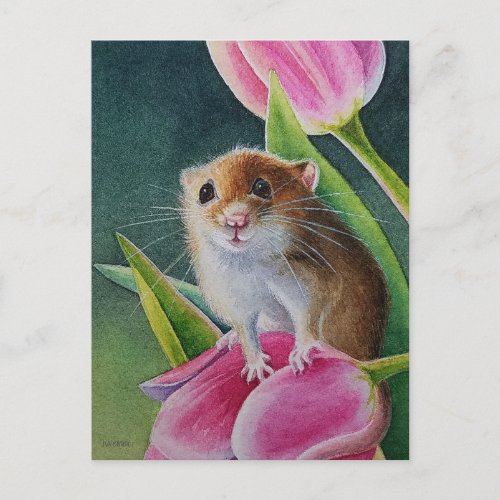 Harvest Mouse On Pink Tulip Spring Watercolor Art  Postcard