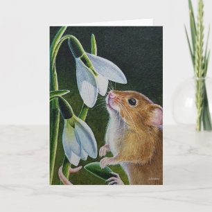 Harvest Mouse Smelling Snowdrops Watercolor Art Card