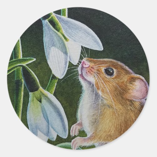 Harvest Mouse Smelling Snowdrops Watercolor Art Classic Round Sticker
