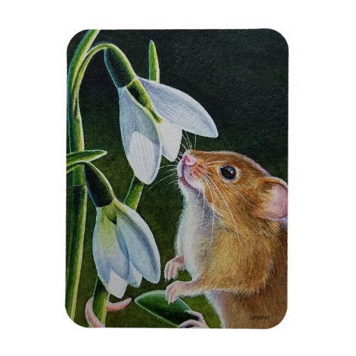 Harvest Mouse Smelling Snowdrops Watercolor Art Magnet