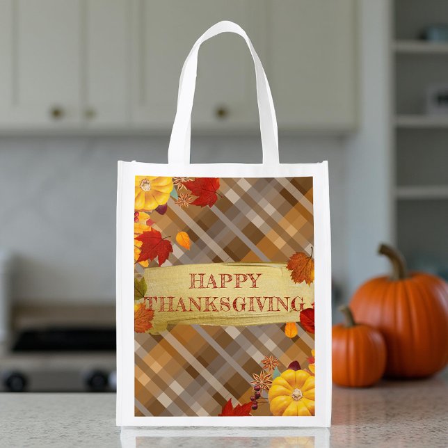 Harvest Plaid Fall Pumpkins Foliage Thanksgiving Grocery Bag (Creator Uploaded)