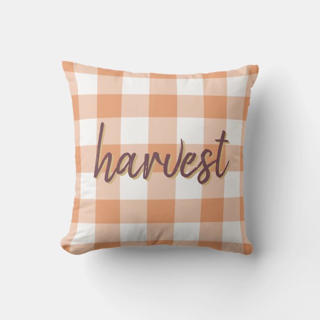 Harvest Pumpkin Orange Gingham Check Pattern Outdoor Pillow (Front)