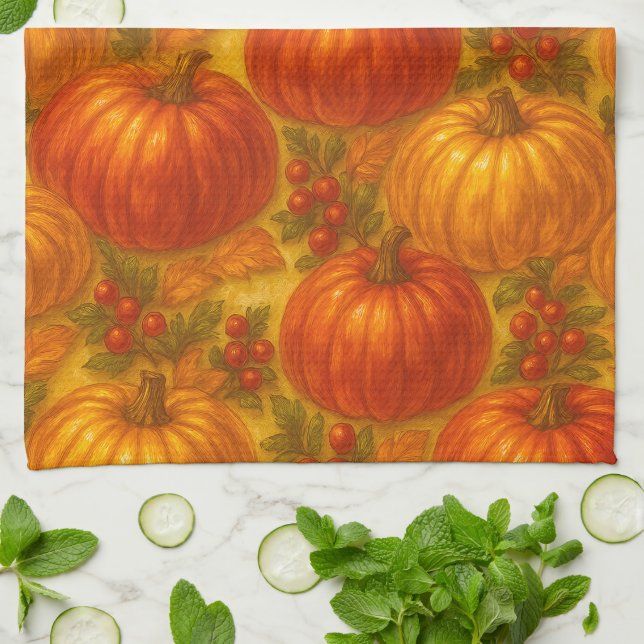 Harvest Pumpkin Pattern – Fall Thanksgiving Kitchen Towel (Folded)