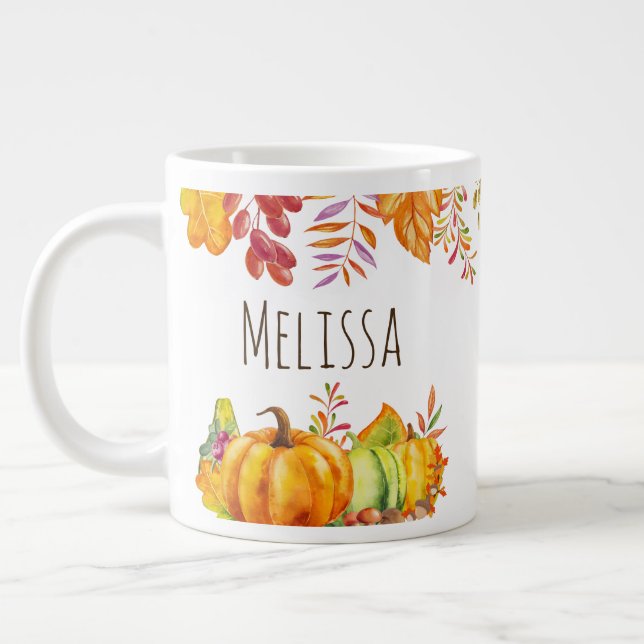 Harvest Pumpkins and Autumn Leaves Border Giant Coffee Mug (Left)