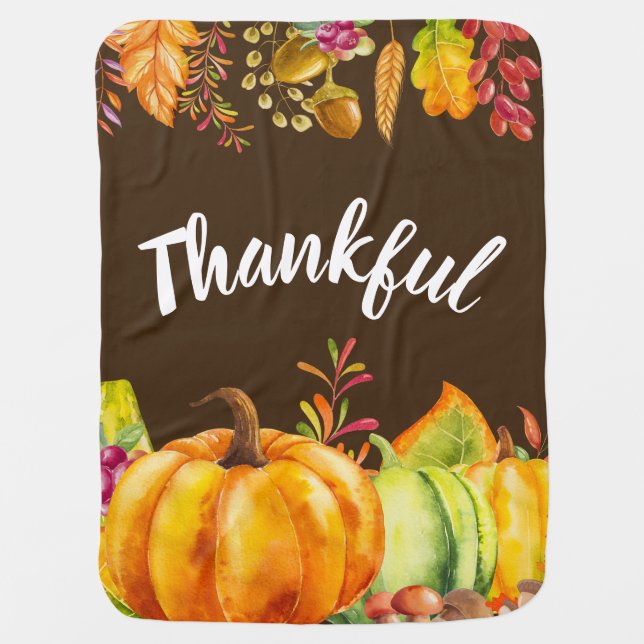 Harvest Pumpkins and Autumn Leaves Border Thankful Baby Blanket (Front)