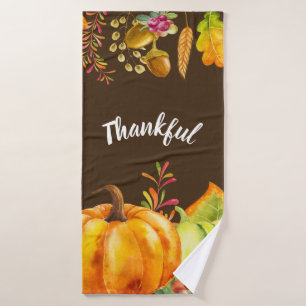 Harvest Pumpkins and Autumn Leaves Border Thankful Bath Towel Set