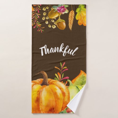 Harvest Pumpkins and Autumn Leaves Border Thankful Bath Towel Set