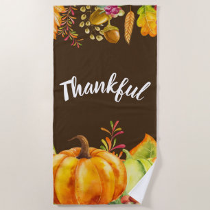 Harvest Pumpkins and Autumn Leaves Border Thankful Beach Towel