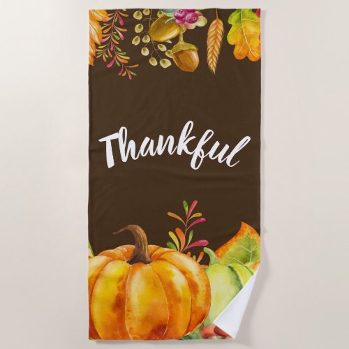 Harvest Pumpkins and Autumn Leaves Border Thankful Beach Towel