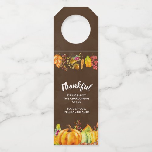 Harvest Pumpkins and Autumn Leaves Border Thankful Bottle Hanger Tag