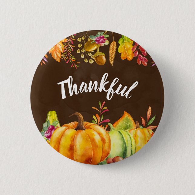 Harvest Pumpkins and Autumn Leaves Border Thankful Button (Front)