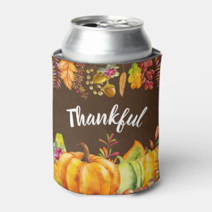 Harvest Pumpkins and Autumn Leaves Border Thankful Can Cooler