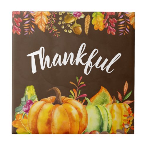 Harvest Pumpkins and Autumn Leaves Border Thankful Ceramic Tile