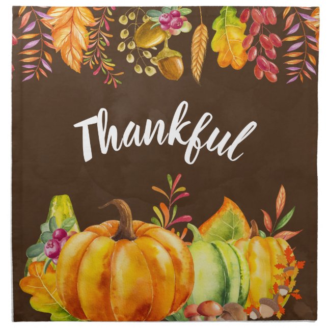 Harvest Pumpkins and Autumn Leaves Border Thankful Cloth Napkin (Front)