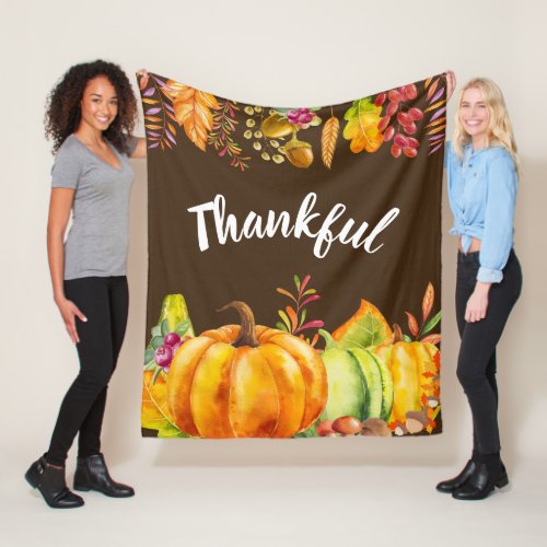 Harvest Pumpkins and Autumn Leaves Border Thankful Fleece Blanket