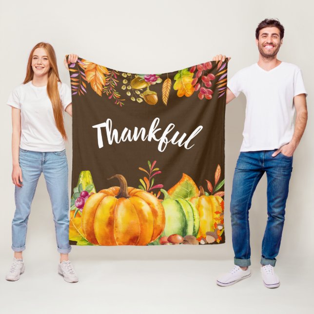 Harvest Pumpkins and Autumn Leaves Border Thankful Fleece Blanket (In Situ)