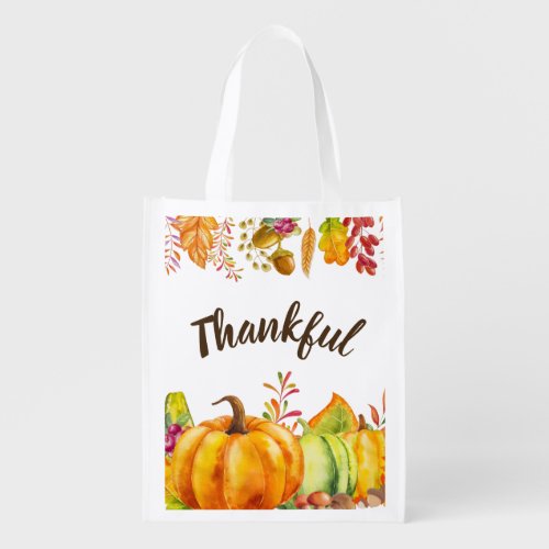 Harvest Pumpkins and Autumn Leaves Border Thankful Grocery Bag