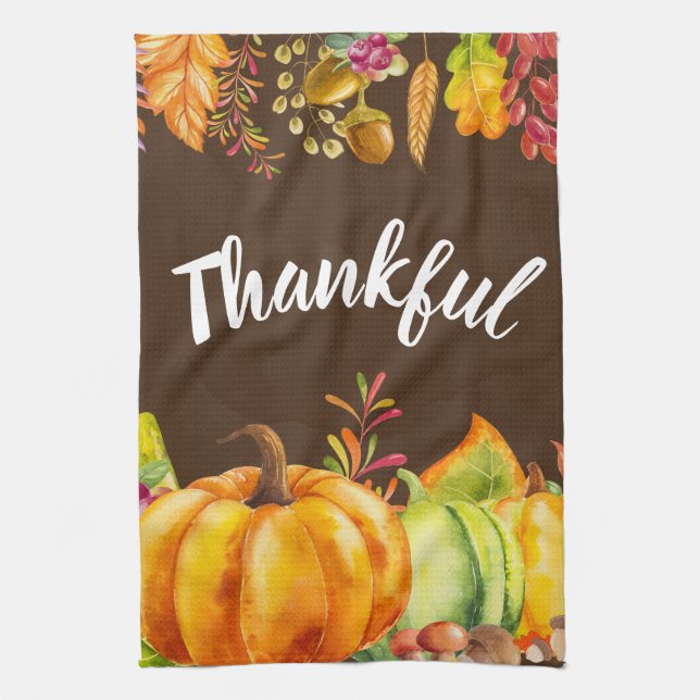 Harvest Pumpkins and Autumn Leaves Border Thankful Kitchen Towel (Vertical)