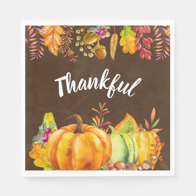 Harvest Pumpkins and Autumn Leaves Border Thankful Napkins (Front)