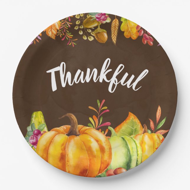 Harvest Pumpkins and Autumn Leaves Border Thankful Paper Plates (Front)