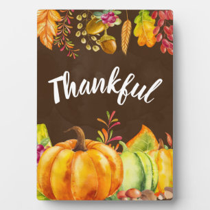 Harvest Pumpkins and Autumn Leaves Border Thankful Plaque