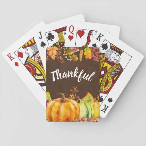 Harvest Pumpkins and Autumn Leaves Border Thankful Poker Cards