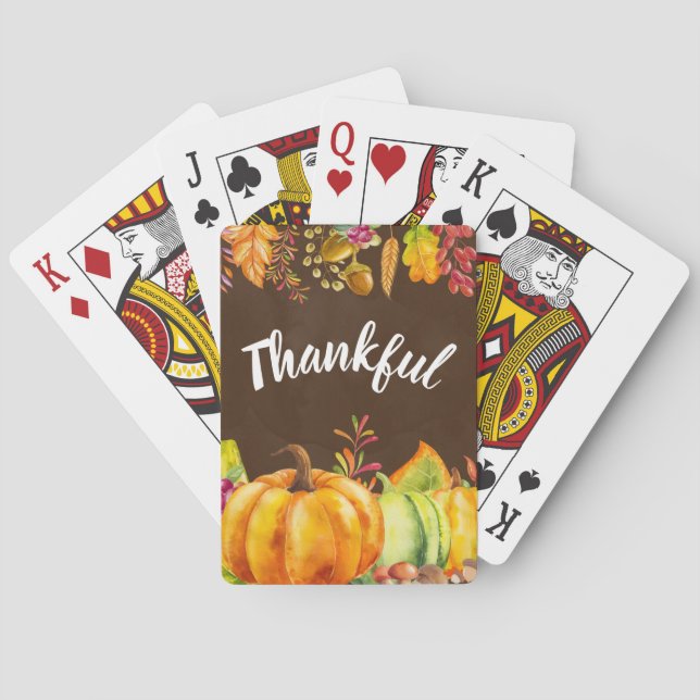 Harvest Pumpkins and Autumn Leaves Border Thankful Poker Cards (Back)