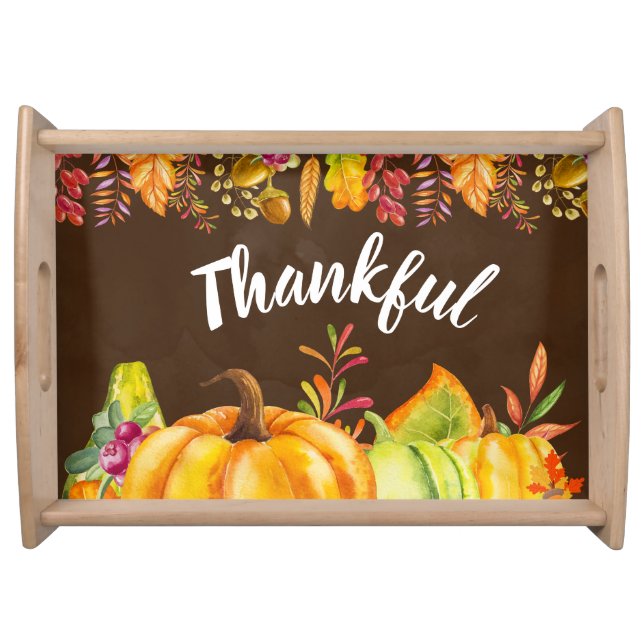 Harvest Pumpkins and Autumn Leaves Border Thankful Serving Tray (Front)
