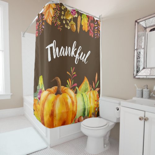 Harvest Pumpkins and Autumn Leaves Border Thankful Shower Curtain