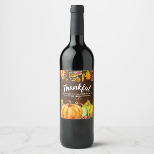 Harvest Pumpkins and Autumn Leaves Border Thankful Wine Label