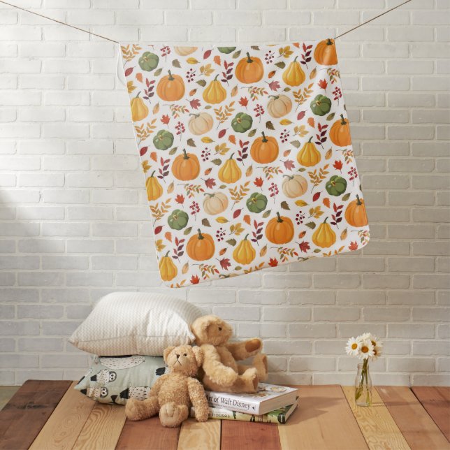 Harvest Pumpkins and Autumn Leaves Pattern Baby Blanket (In Situ)