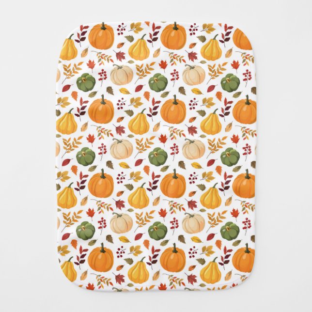 Harvest Pumpkins and Autumn Leaves Pattern Baby Burp Cloth (Front)